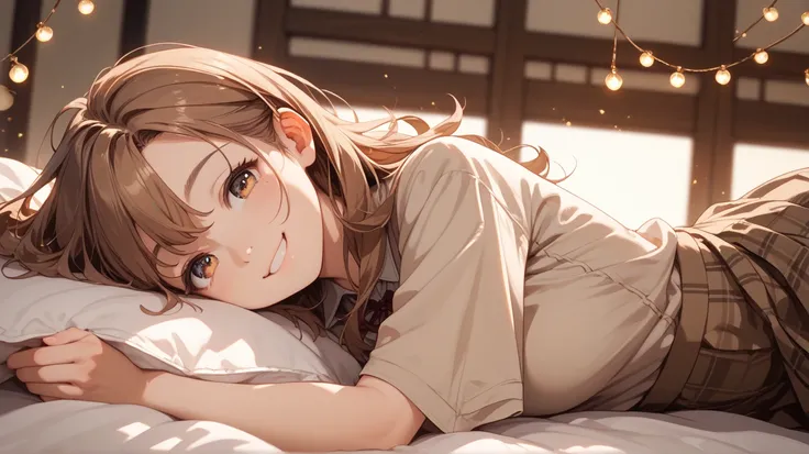 Best Quality,  soft lights, Ultra High Resolution, One Japanese Woman, cute, (Cheezy Smile：0.3), long brown hair,  is lying face down on the bed,  light brown henley shirt, brown suede skirt , Short white socks.