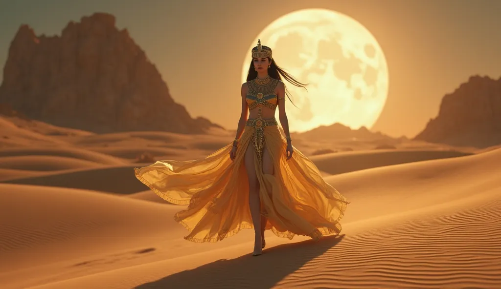 masterpiece, High Resolution, Accurate, Award Winning, UHD, Detail, depth of field, statuesque pharaonic queen walking on the desert at night under big full moon, her hair and dress flowing with the wind gust, dramatic lighting, cinematic scene quality