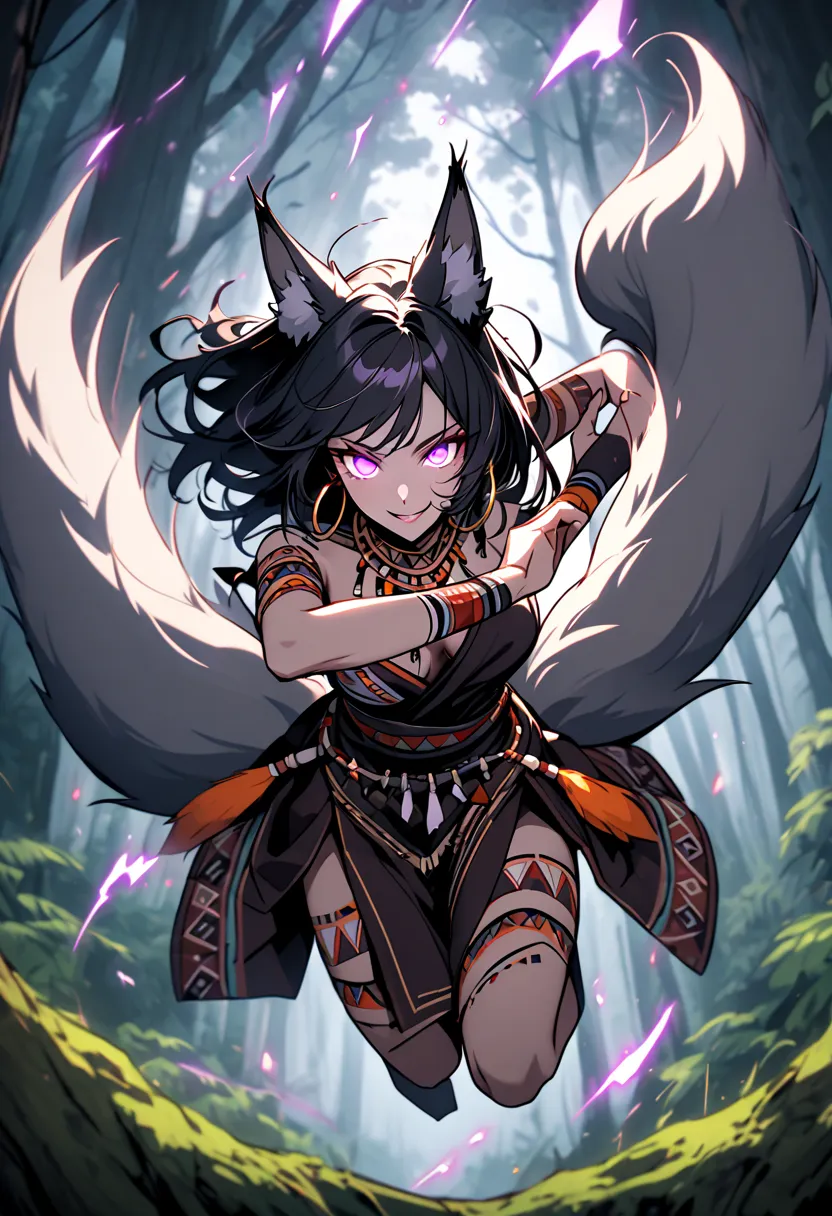 Alone, female, close up, fox ears, black hair, purple eyes, wild, monster girl,  fox girl, improvised used clothes, ornaments, looking at the viewer, DENSE FOREST,  smile,  beautiful, wild, curve,  action pose , throw, dynamic, luxurious,  jumping, curve, ...