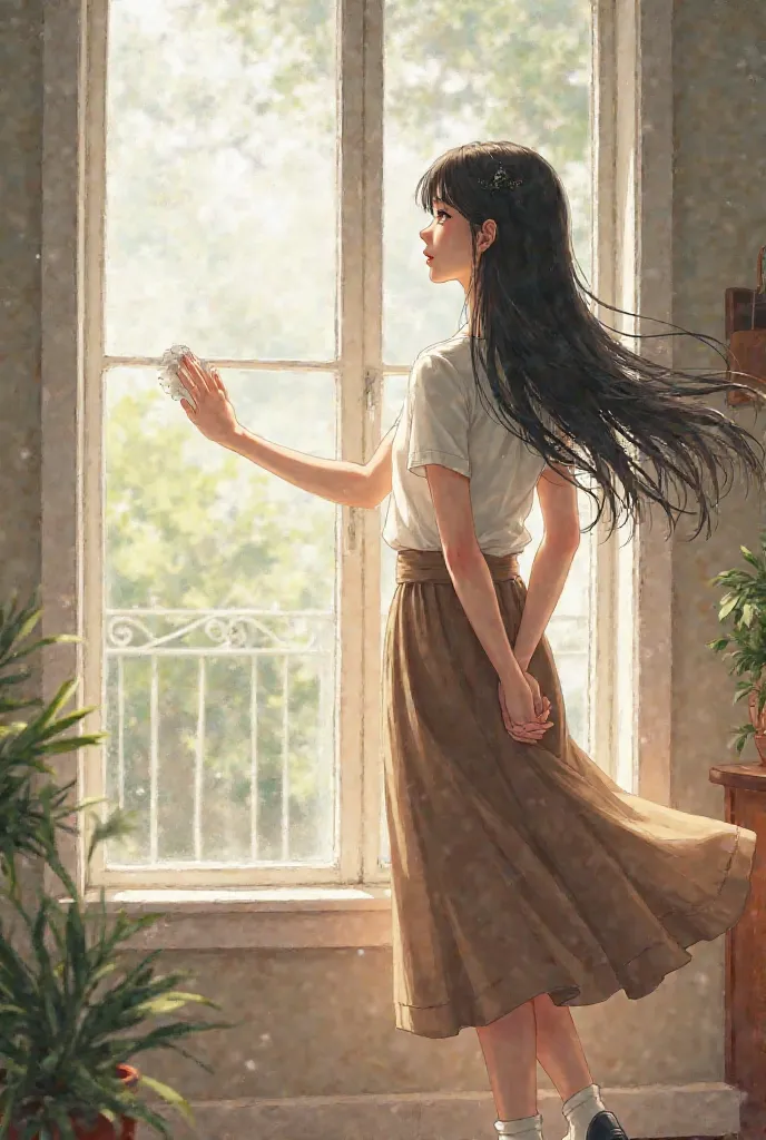 Girl with long black hair with red,  white t-shirt, brown skirt, long white socks and black shoes, Cleaning the window with your left hand behind your back 