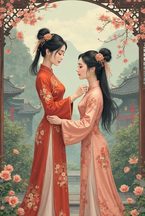 Raw map
Two women wearing cheongsam，An old fashioned，one funky and beautiful，Help each other brush each other's hair