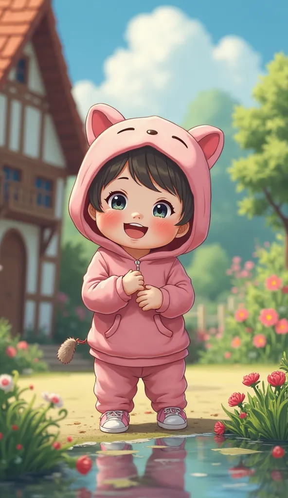 A baby standing looking forward, wearing a cozy pink sweater and a cat hat, laughing happily in a charming country house, vibrant colors,  lush vegetation,  reflections in the water, Picturesque, idyllic, artwork, boobs, 8k, extremely detailed, anime style...