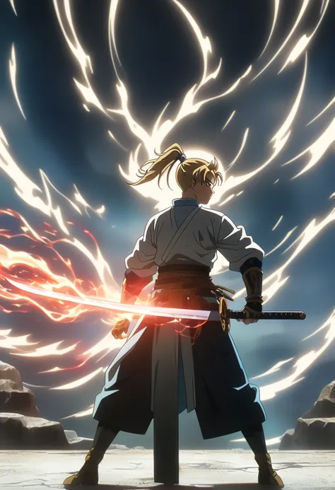 warrior, wielding a sword, Pose should highlight dynamic movement, energy flowing from the gauntlet,(( anime style)), full body, anime boy, white background, male character, anime, ponytail hairstyle