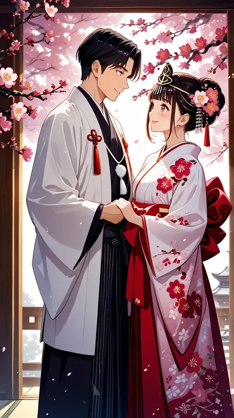 In a beautiful garden filled with blooming plum trees, a young man and woman are joyfully high-fiving each other. The man is dressed in an outfit inspired by a Shinto priest, featuring traditional Japanese elements such as a flowing white robe, a hakama, a...