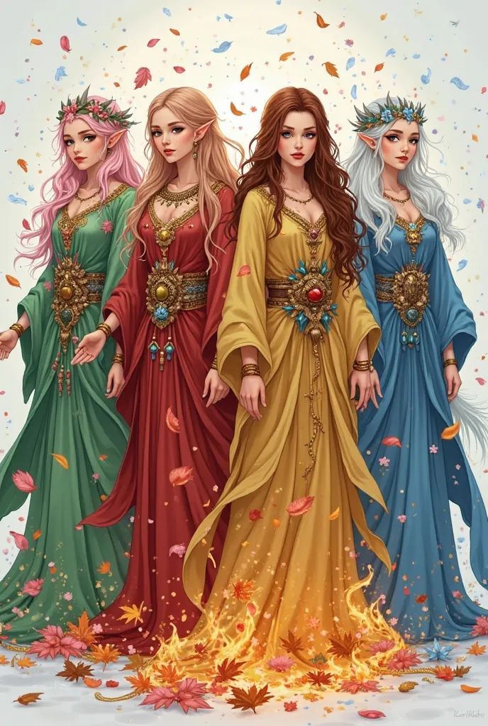 Full-body illustration of four identical elven druids, each representing a different season.
Spring: Soft pink hair, green eyes, vibrant green druidic robes with pink flowers, flower crown. Petals floating around, renewal and life atmosphere. Clean lines, ...