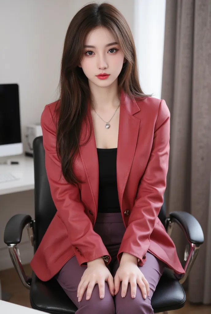 Asian Beauties，35 years old，Slightly mature young woman's style， necklace，Light red tight leather coat，Purple trousers，sitting on a chair，face，front，Place your hands naturally on your legs，office scene。