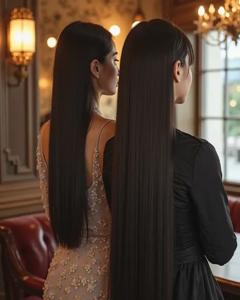 
Hyper-realistic, ultra-detailed photograph of two elegant East Asian women in a cozy café setting. They dress differently every time. Sometimes they don’t wear clothes. Their exceptionally long, thick, and voluminous hair cascades down to their hips, appe...