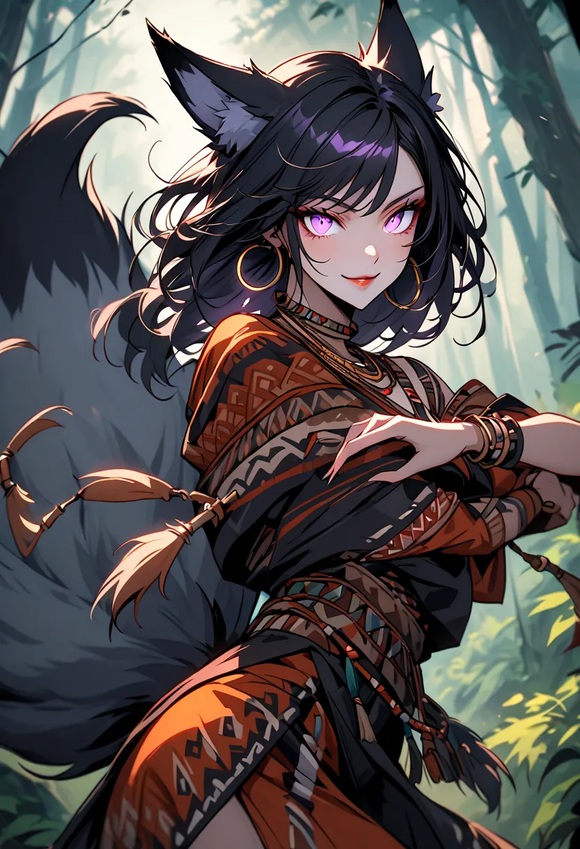 Alone, female, close up, fox ears, black hair, purple eyes, wild, monster girl,  fox girl, improvised used clothes, ornaments, looking at the viewer, DENSE FOREST,  smile,  beautiful, wild, curve,  action pose , throw, dynamic, luxurious,  jumping, curve, ...