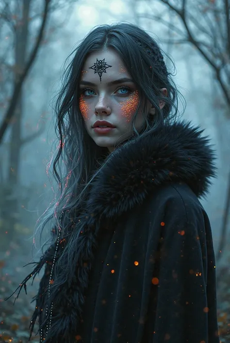 front view,  fantasy girl、tattoo、Fog、long hairs, cyberpunk、black fur、monochrome、half black and white、hyperrealistic, neon magic, forest background