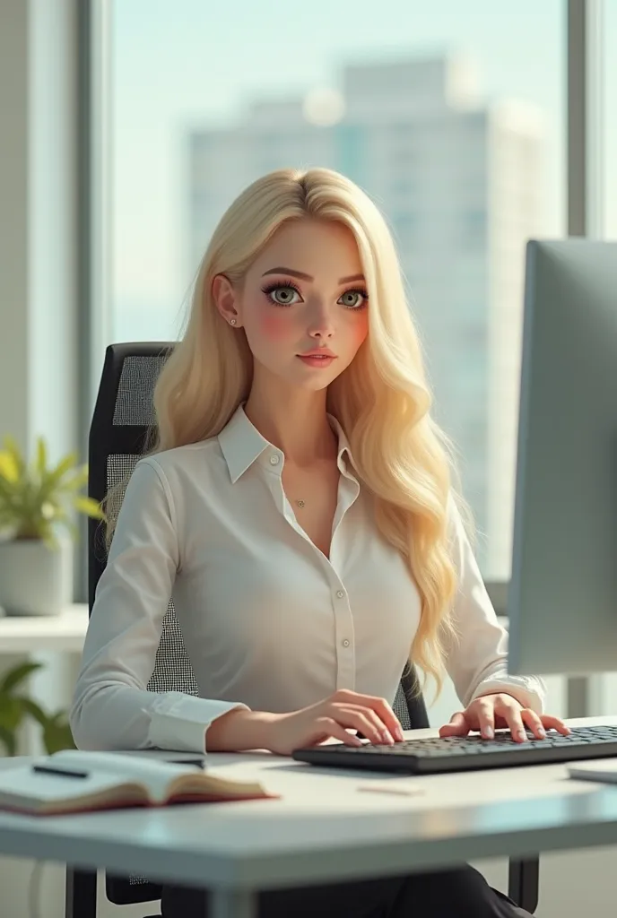 a beautiful girl with long blonde hair, detailed eyes, nose, and lips, wearing professional outfit, siting in her office, using her computer, hp comu8k, detailed facial features, professional woman, sitting at desk, using computer, office setting, long blo...