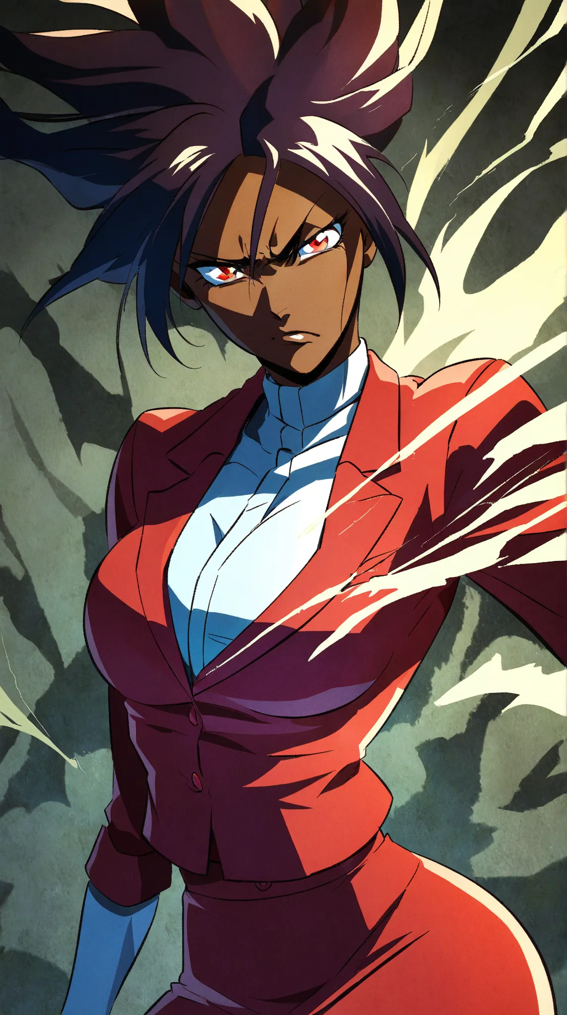 EVIL BLACK SKINNED BUSINESS WOMAN WEARING A BLOUSE WITH A RED SKIRT SUIT 90s anime art style 