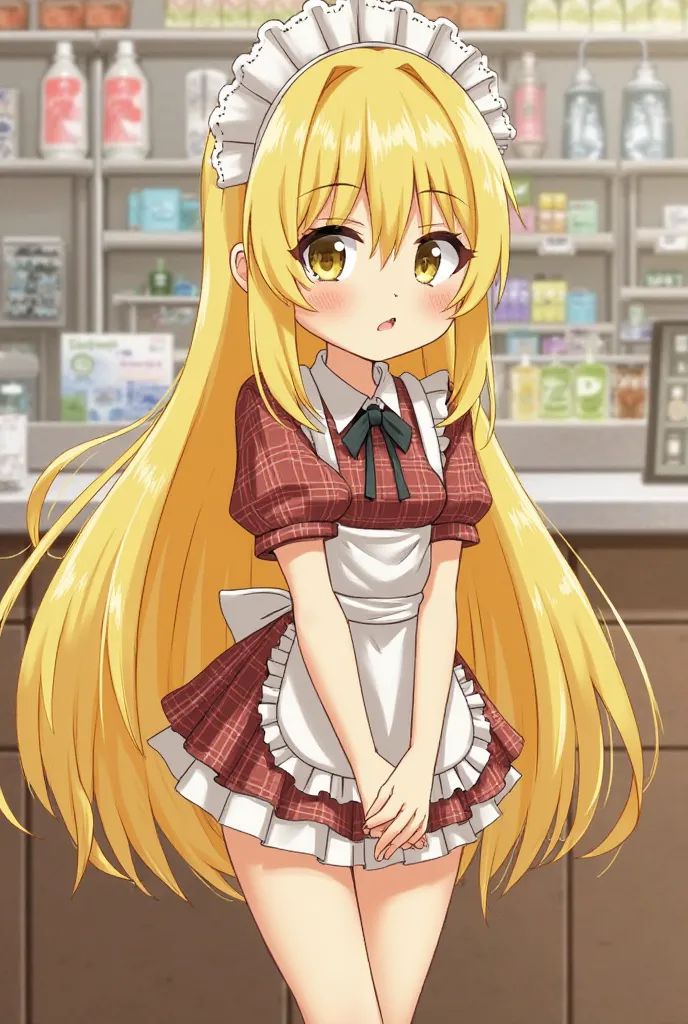 She's a girl who works in a girls bar。
They look blond and have long hair、My whole body is yellow and I'm wearing plaid maid clothes。
They are shyly joining hands while urging me to come to the store as they pass by。