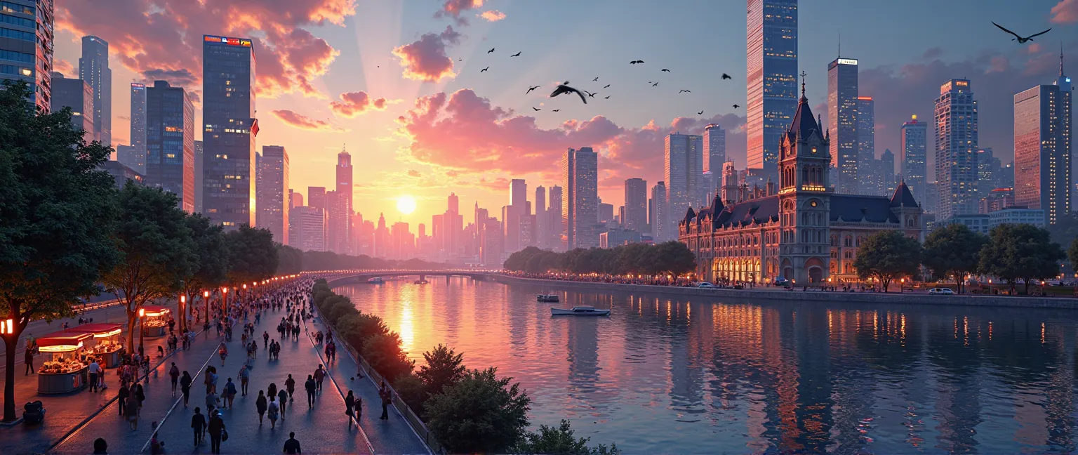 

### Prompt: **City Skyline at Dusk**

**Description:**
A vibrant city skyline during dusk, capturing the transition from day to night with a blend of natural and artificial lights.

**Scene Details:**

1. **Sky:**
   - The sky is painted in hues of orang...