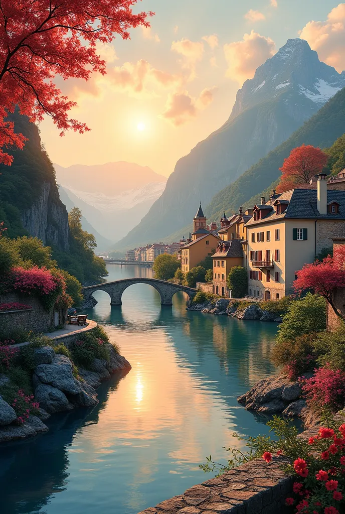 a small village by the river, mountains in the background, floral flowers colorful, detailed landscape, Beautiful natural landscapes, atmospheric lighting, scorching sunset, warm colours, practical, photopractical, Detailed Foliage, complex buildings, cobb...