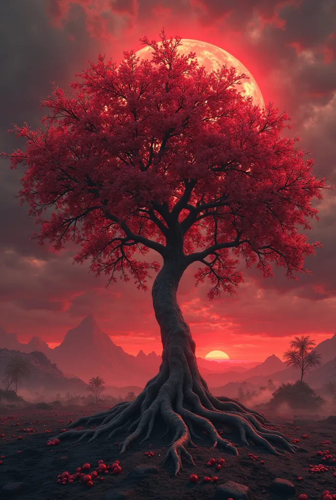 Red pomegranate fruit tree with hell background 