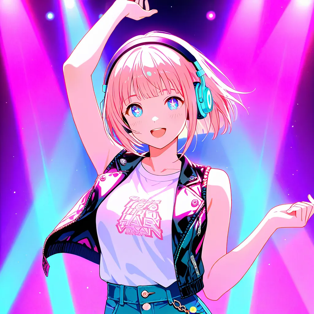 Masterpiece, ultra high resolution, highest quality. A 20-year-old anime-style woman with vibrant pink short bob hair, large sparkling eyes, and a bright, energetic smile. She is dancing at a lively, neon-lit LIVE concert venue, wearing a white T-shirt lay...