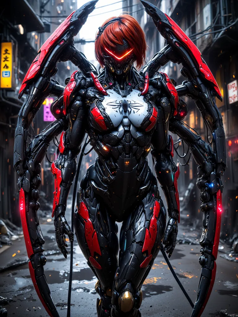 Spidra, Robotic White skinned woman, Bob cut Fiery Red Hair, Voluptuous Build, wide hipped, thick thighs, wearing a red and black spider like suit of armor, Black Spider Symbol on Her Chest, back pack that has six robotic spider legs, iridescent Red glowin...