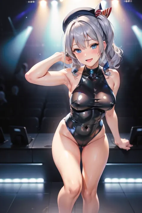 (best quality,Hi-Res,super detailed,realistic:1.2),portrait, Silver Hair, beautiful blue eyes,Slight blush,  smile face,Facial steam effect,Nice beret,Twin Curl,embarrassed expression,  Latex Swimsuit, high neck、

 female model (1 person), High Leg Cut , s...