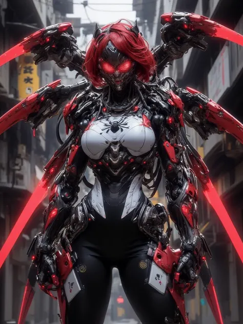 Spidra, Robotic White skinned woman, Bob cut Fiery Red Hair, Voluptuous Build, wide hipped, thick thighs, wearing a red and black spider like suit of armor, Black Spider Symbol on Her Chest, back pack that has six robotic spider legs, iridescent Red glowin...