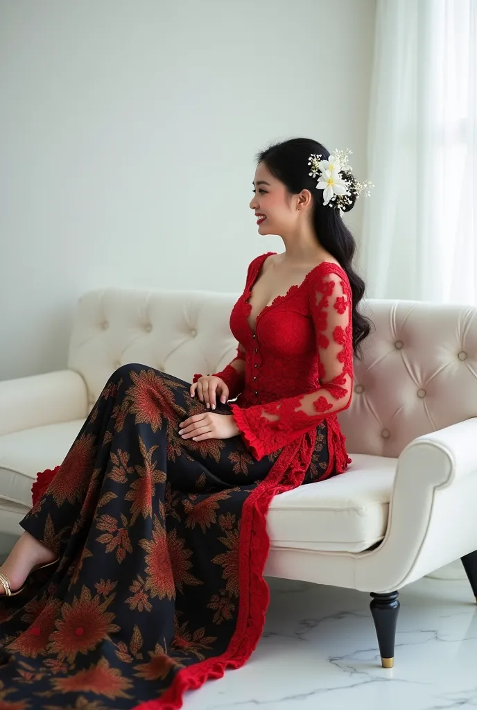 Photographic style , Elegant and elegant style , young and beautiful Sundanese woman ,clear skin,tubuh ideal,dada padat ideal,wearing a sexy traditional kebaya bridal gown ,Indonesia,  lacy elegant red color ,bahan bruket,with long sleeves , wear beautiful...