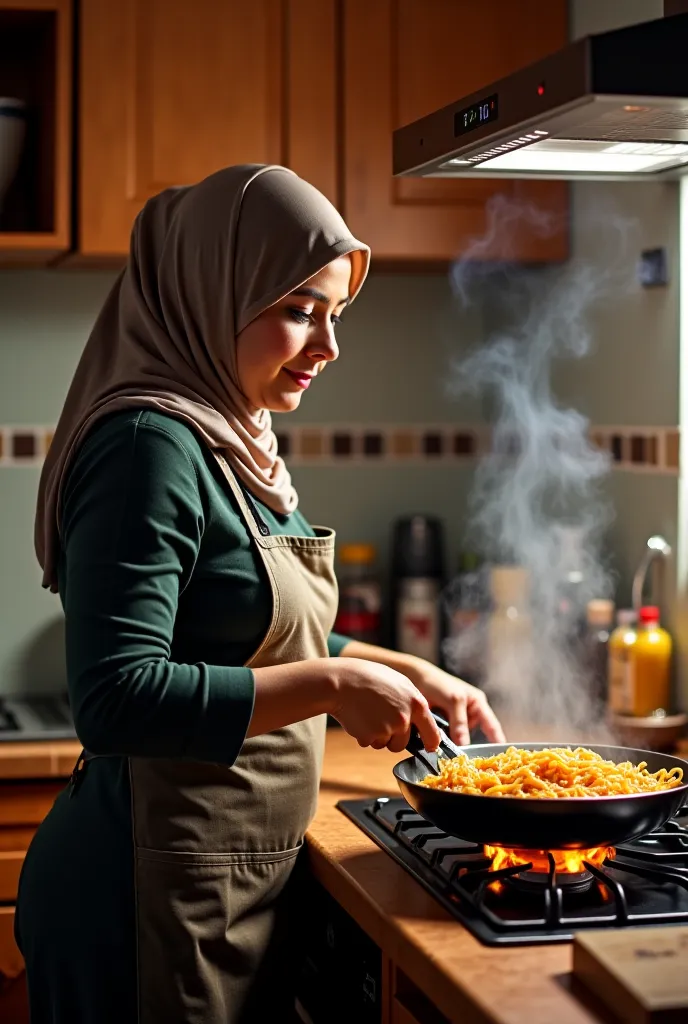 muslim houswife at the kitchen , in front of stove gas while cooking a fried noodles