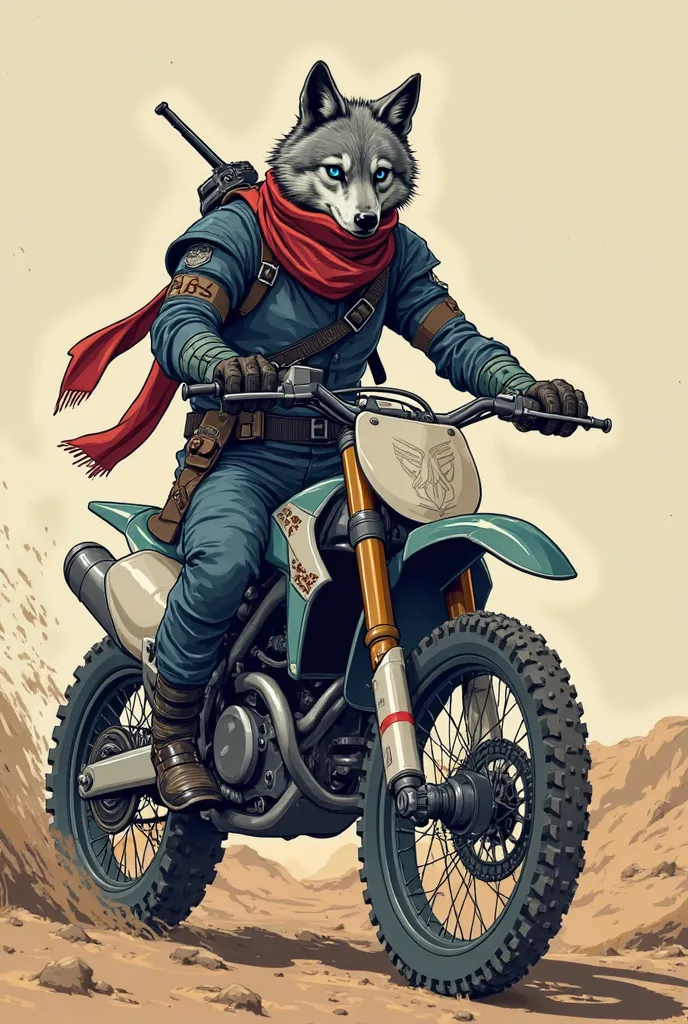 living organic, anthropomorphic male gray wolf, dark blue post-apocalyptic combat raider armor, crimson red scarf, leather cloth mouth cover, wastelander, armed with a revolver, heirloom engraved frame, action shot, relentless, firing the gun at the back, ...