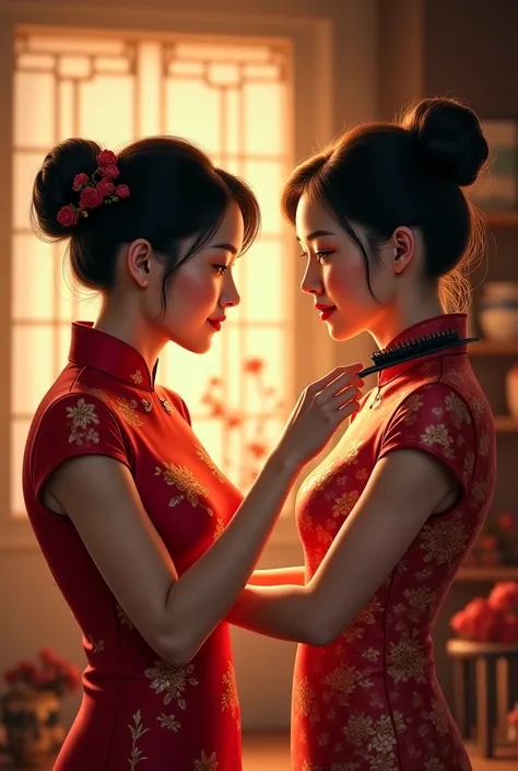 Wearing cheongsam，two middle-aged women，Help the other person brush their hair