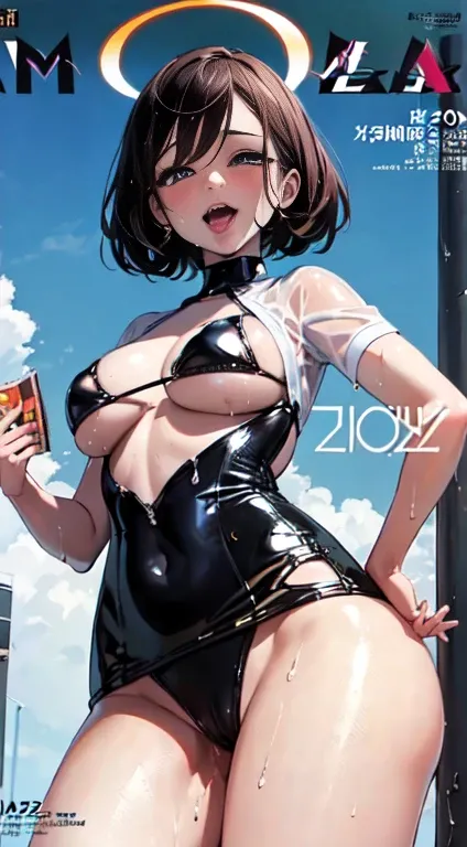 ( magazine cover :1.8)、(Show your crotch)、(  angle from below :1.1)、  cute one girl , detailed face、detailed eyes、 detailed person、Best Quality、Ultra Hi-Def 、Hi-Res、very detailed CG、 8k Unit Wallpaper 、、Big Breasts in the Morning 、 Beautiful and Polite Eye...