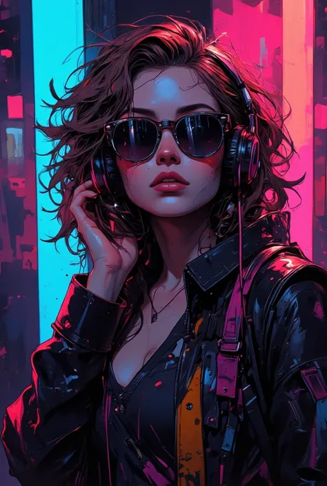 high quality, 4K digital , Fine texture, Realistic Feeling Like a Picture, Professional Shooting, bright lights, Neon glow,  dark room, brown hair, curled hair, sunglasses, Large headphones, beautiful woman, Elegant look, Tranquil Atmosphere, cyberpunk nig...