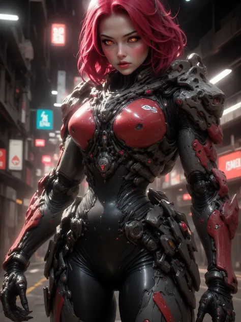 Spidra, Robotic White skinned woman, Bob cut Fiery Red Hair, Voluptuous Build, wide hipped, thick thighs, wearing a red and black spider like suit of armor, Black Spider Symbol on Her Chest, back pack that has six robotic spider legs, iridescent Red glowin...