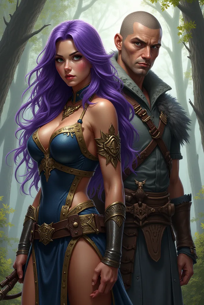 Image d'une femme légionnaire cheveux long violet aux yeux marron habiller en guerriere sexy.
Accompanied by her hairless man with blue eyes, dress up as a Wood Ranger with his bow in his hand.

