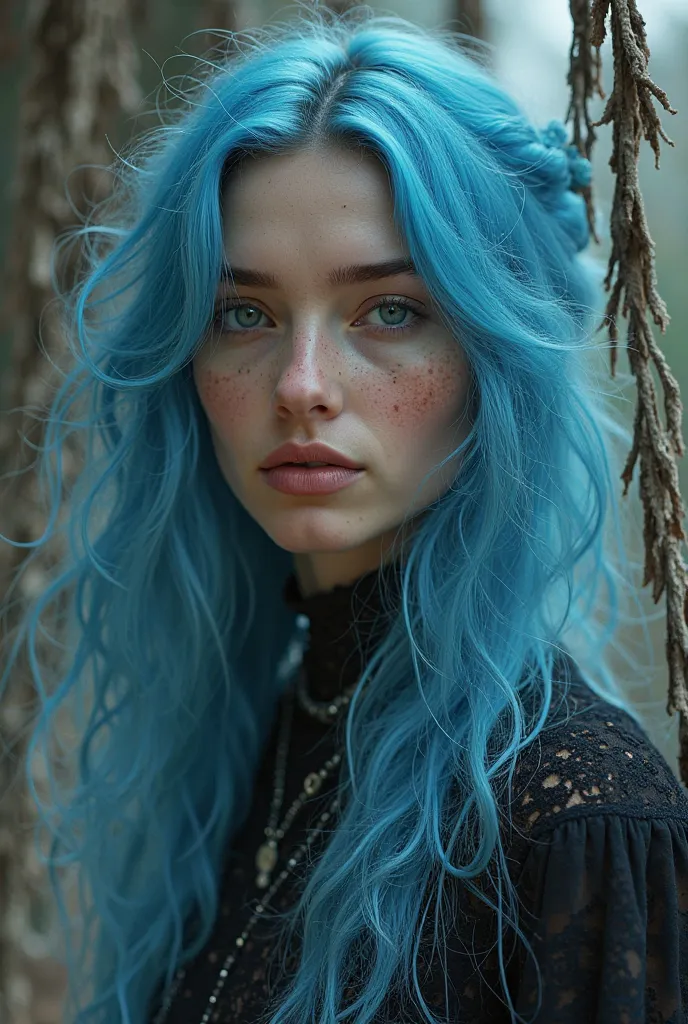 Woman with a fantasy blue balayage up to the waist, high,  thin, balca with freckles on her face light brown eyes, torn in the avant-garde era 