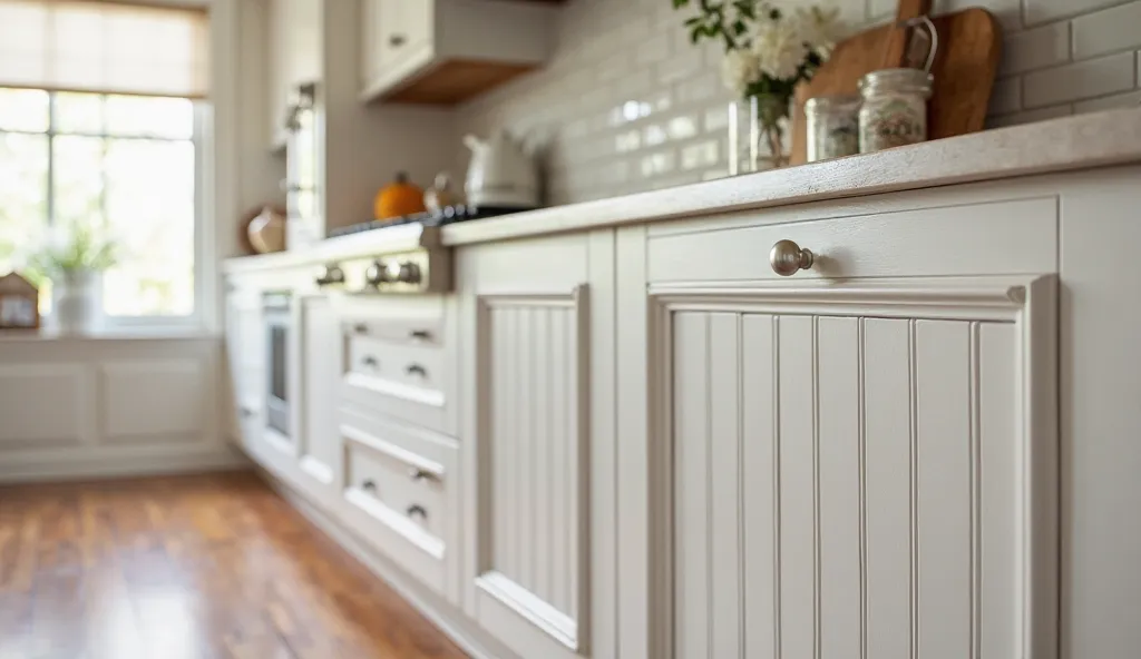 A kitchen cabinet with beadboard accents, demonstrating how adding vertical paneling to cabinet doors enhances texture and visual depth, customizable with different paint finishes