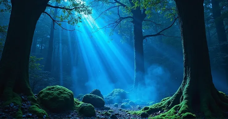 "Ethereal blue light filters through an ancient forest at night, casting an otherworldly glow across the woodland scene. Bright beams of azure energy pierce between tree trunks and through branches, creating dramatic shafts of light that illuminate swirlin...