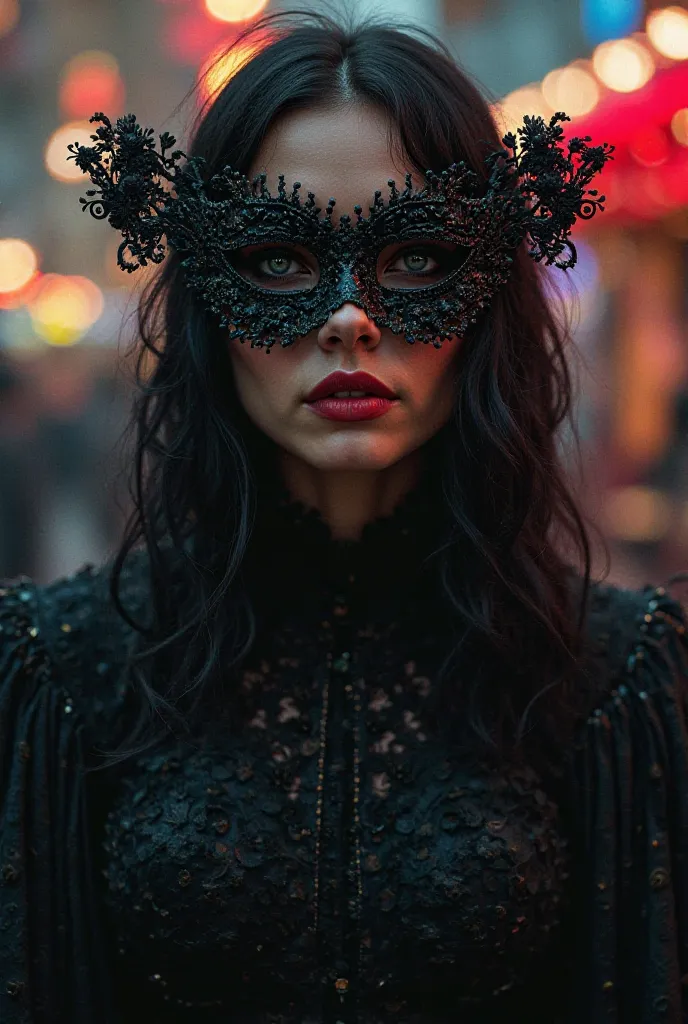 Beautiful woman at carnival face with masks black clothes on her back