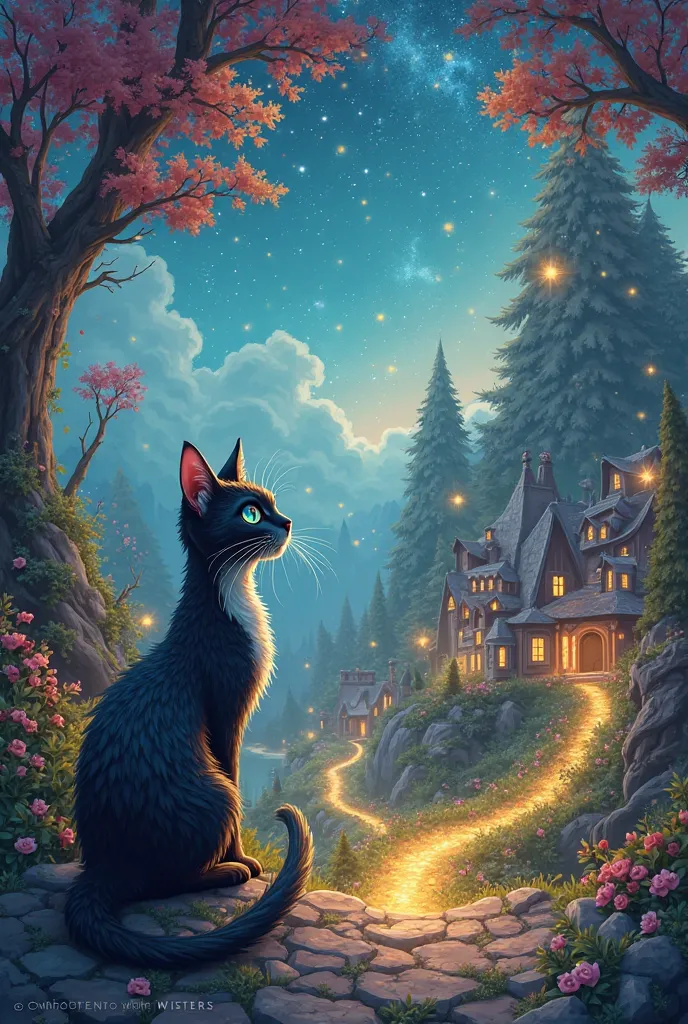 This cat lives in a magical little village, where there are colorful trees, twinkling stars and paths sparkling with light