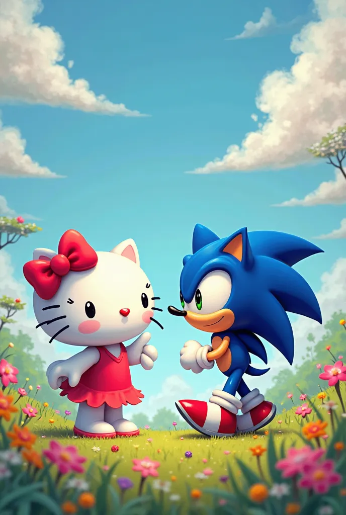 Create an image where Hello Kitty and Sonic meet