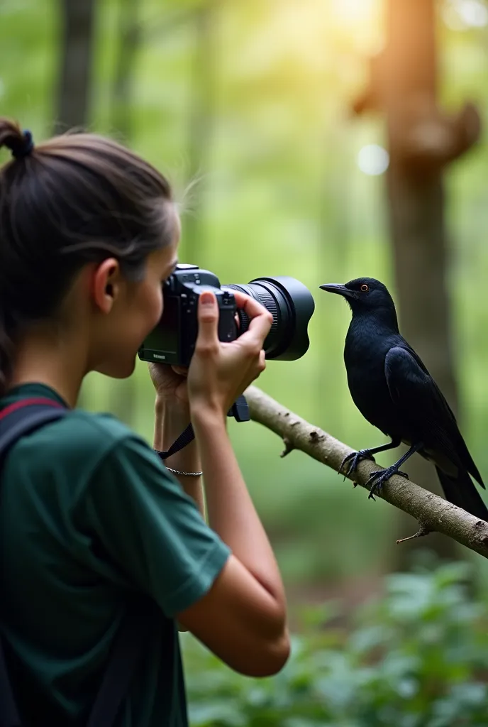 A professional female photographer is in a lush forest, wearing outdoor gear, carefully aiming her DSLR camera with a telephoto lens at a beautiful blackbird perched on a tree branch. The woman is positioned slightly to the side, ensuring both her and the ...