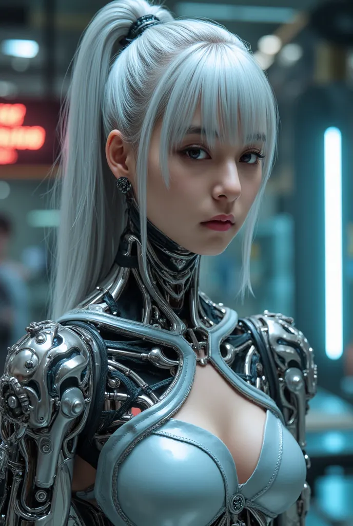 Android girl, Highest quality, masterpiece, ultra-high resolution, photo realistic, raw photo, 1 cyberpunk girl, cowboy shot, glossy skin, 1 mechanical girl, super realistic details, (mechanical limbs, tubes connected to mechanical parts, mechanical verteb...