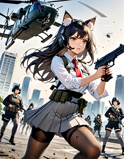 (masterpiece), (best quality), (high res), high details, 4k, 8k, solo focus, 1girl, female samurai, Japanese military officer, (cat ears:1.1, animal ears, fluffy ears:1.2), college-aged female, long hair, black hair, tactical headset, hair ornament, white-...