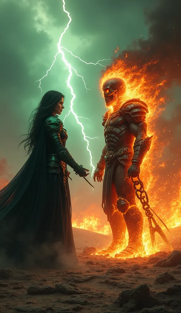 "In a world where death and vengeance converge, two powerful beings stand face to face in a desolate, burning wasteland. The sky is consumed by an ominous storm, filled with swirling black clouds and jagged flashes of lightning. The earth cracks beneath th...