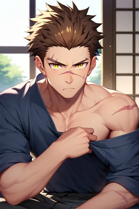 sole young man, modern school uniform, muscular, wide shoulders, serious, frowning, brown hair, yellow eyes, doudanuki masakuni, messy hair, traditional japanese house background, inside home, diagonal scar across nose, hair down, scarred face, scarred arm...