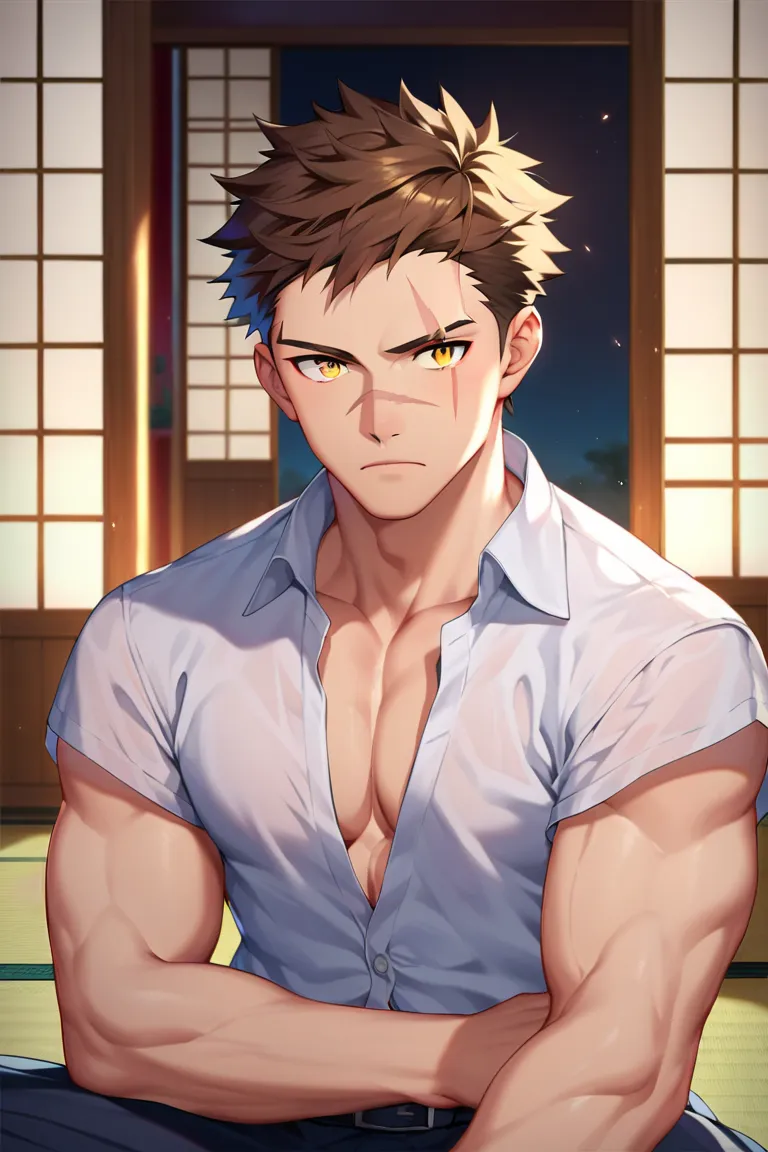 sole young man, modern school uniform, muscular, wide shoulders, serious, frowning, brown hair, yellow eyes, doudanuki masakuni, messy hair, traditional japanese house background, inside home, diagonal scar across nose, hair down, scarred face, scarred arm...