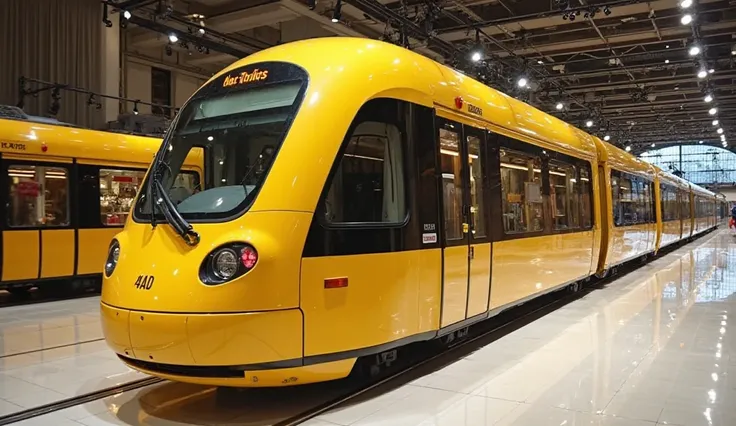 "A high-definition image of a stunning yellow train in a luxurious showroom. The train is positioned at an angle, showcasing both the front and the side. Its polished surface shines under elegant showroom lighting. The setting is modern, with sleek archite...