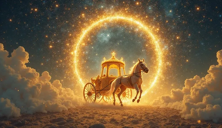 "a starry sky opens , revealing a golden portal where a heavenly chariot appears moved by mystical forces. The scene is rich in golden details and an ethereal glow surrounds the carriage, creating an impressionistic magical effect."