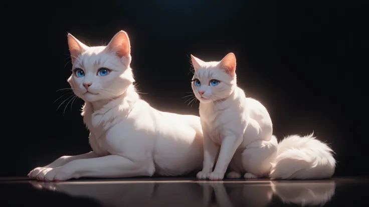 A cute little white cat is sitting、beautiful character drawing、Detailed Digital Animation Art、 beautiful blue eyes、One Cat、Whole body alone、The background is simple black
