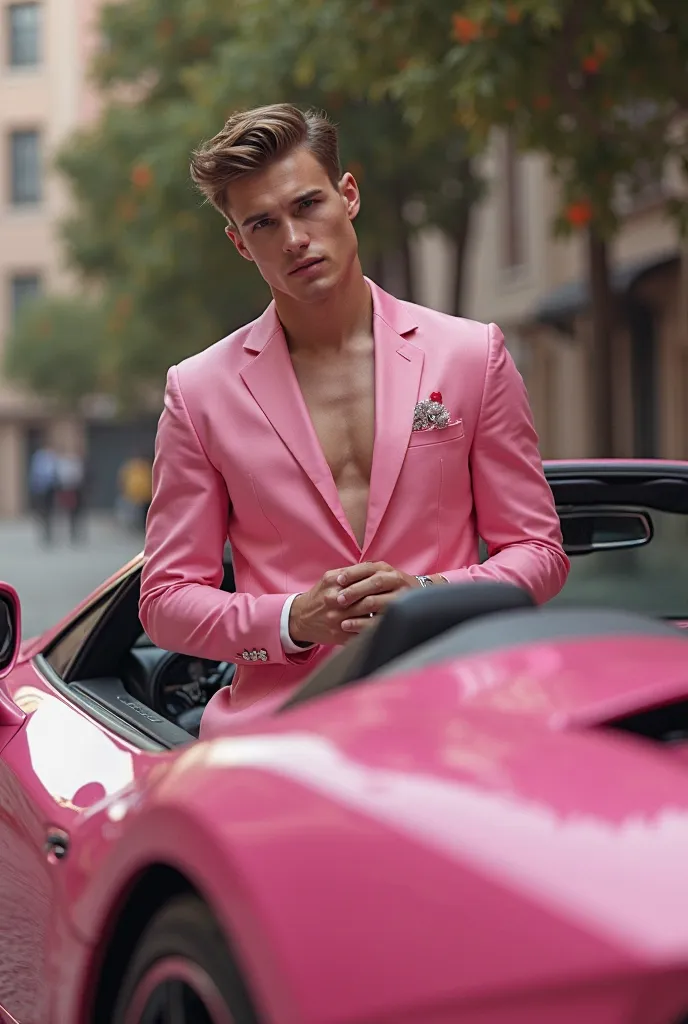 young man, beautiful, elegant,  white skin, skinny, Soft Leather, rostro perfecto  camisilla de color rosado traje rosa sobrero rosa con un  lamborghini lila manejando hombre beautiful de play boy