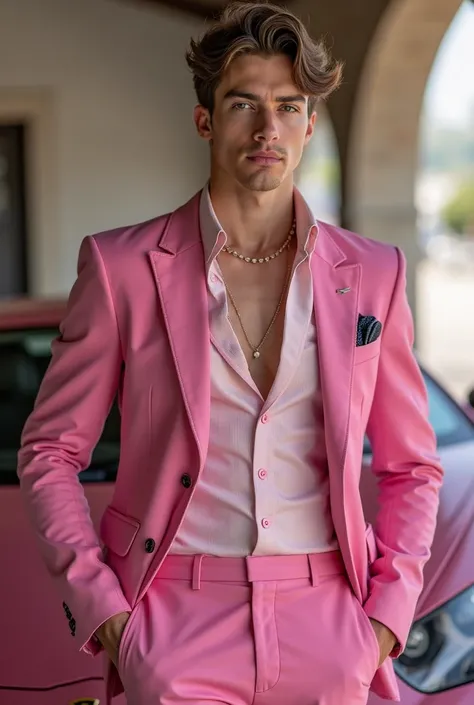 young man, beautiful, elegant,  white skin, skinny, Soft Leather, rostro perfecto  camisilla de color rosado traje rosa sobrero rosa con un  lamborghini lila manejando hombre beautiful de play boy