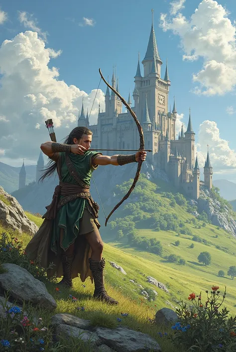 An elf with his bow standing in front of the king's castle, with a beautiful moor, sharp details, beautiful colors, beautiful sky, beautiful plants!