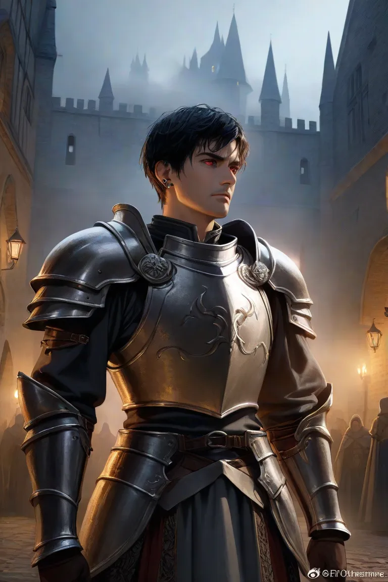 Short black haired man with red eyes wearing medieval armor 